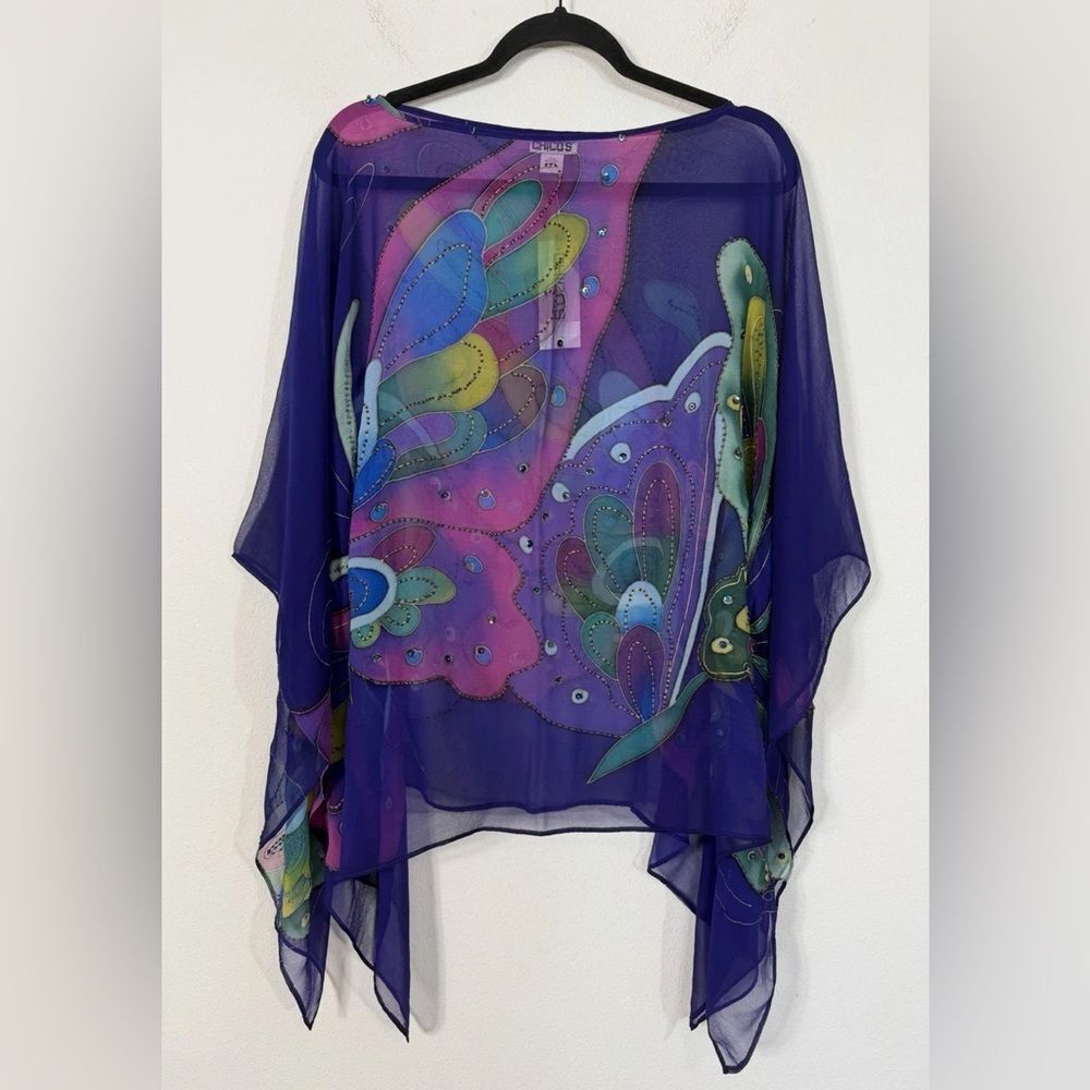 Vintage Zonda Nellis Colorful Sheer silk butterfly beaded Poncho tunic top OS